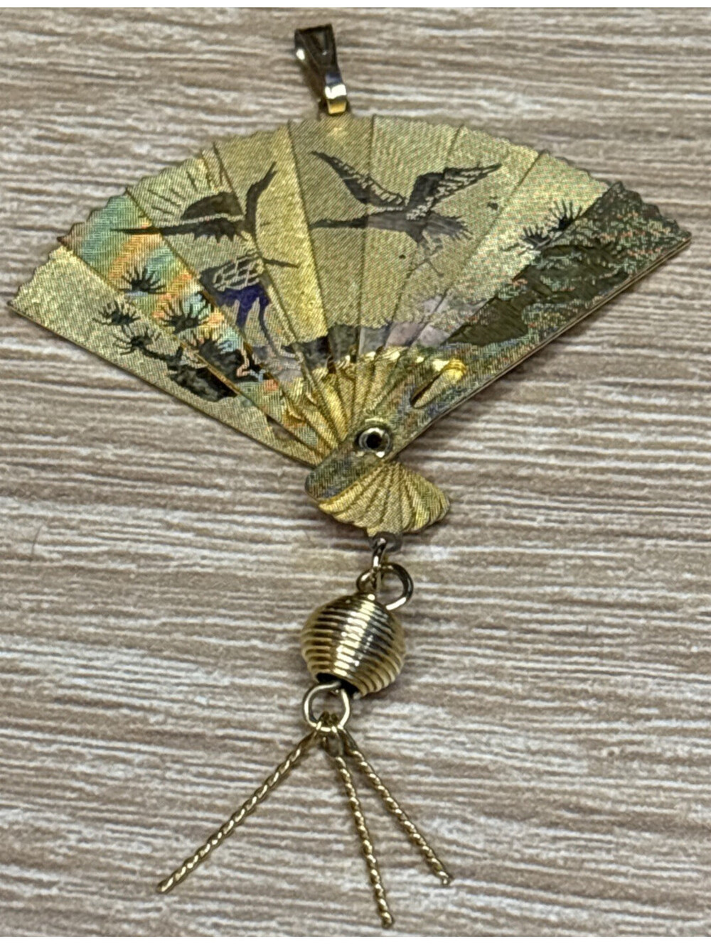 Vintage FOLDING FAN Necklace Pendant Chinese Dragon Birds Sun GoldTone Metal